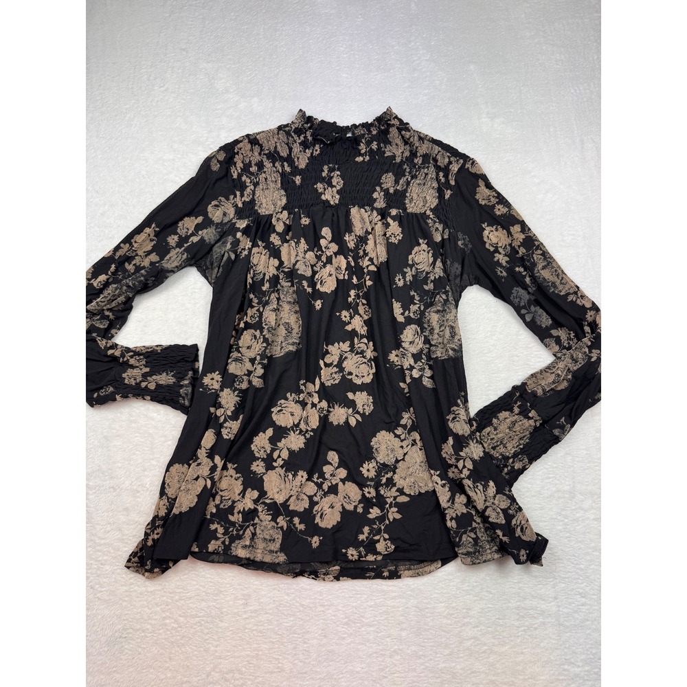 Madewell Smocked High Neck Floral Blouse Black Tan Long‎ Sleeve Top Women Large